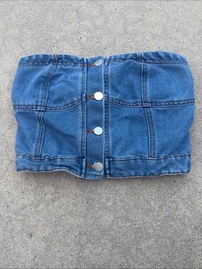 Denim Button-Front Strapless Tube Top - Blue